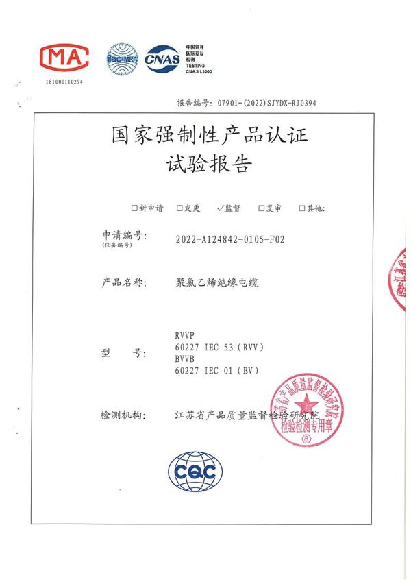 BVVB 2×2.5國家強制性產(chǎn)品認(rèn)證試驗報告（2022）